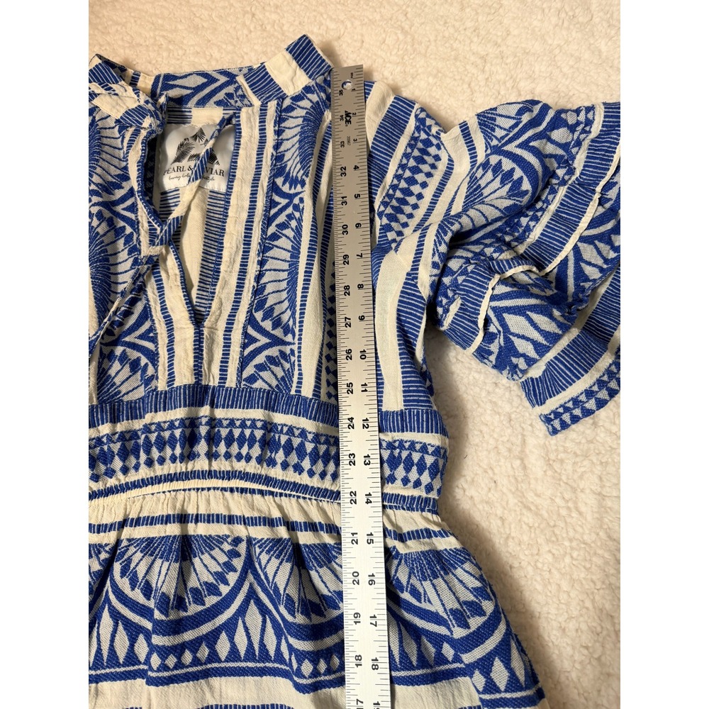 Pearl & Caviar S/M Blue White Geometric Print Tassel Midi Dress Pockets Boho - Picture 9 of 10